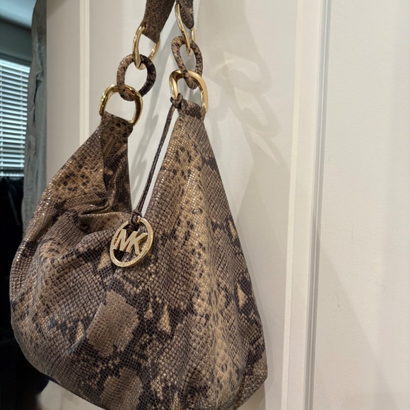 Michael Kors Hobo Tan Effect Leather Python Suede Tote Purse - Picture 2 of 14